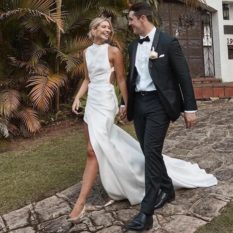 Vestidos de novia blancos de satén simples personalizados, cuello redondo, sin mangas, abertura lateral alta, sirena, vestidos de novia sexis con espalda descubierta, vestidos de fiesta