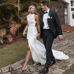 Customized Simple Satin White Wedding Dresses O-Neck Sleeveless High Side Slit Mermaid Sexy Backless Bride Gowns Party Dresses