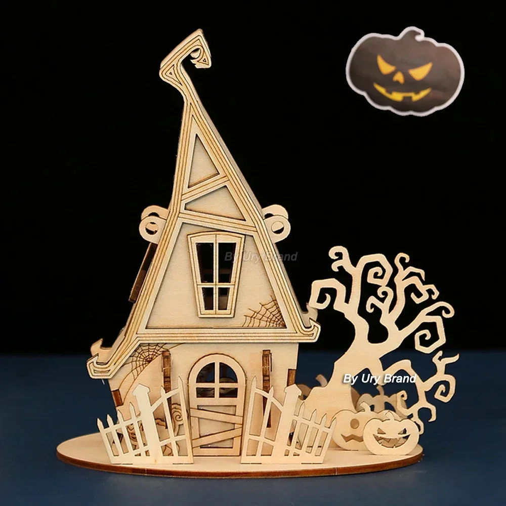 URY New 3D Wooden Puzzle Halloween Holiday Gift Ghost Tree House DIY Model Assembly Craft Kits Desk Decoration For Kids