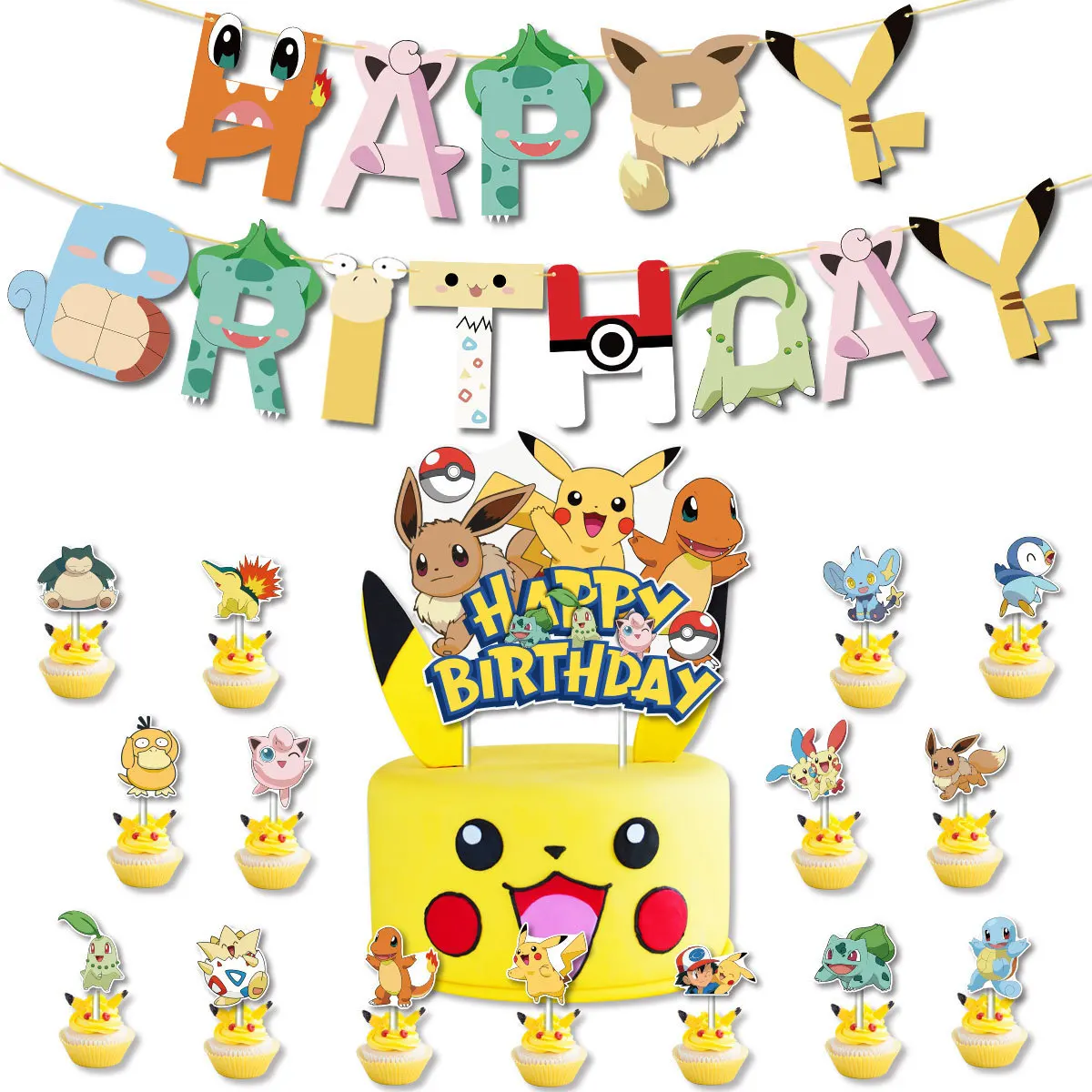 

Cute Pokemon Pikachu Amine Figures Birthday Party Decoration Letter Banner Cake Card Balloon Background Cloth Set Supplies