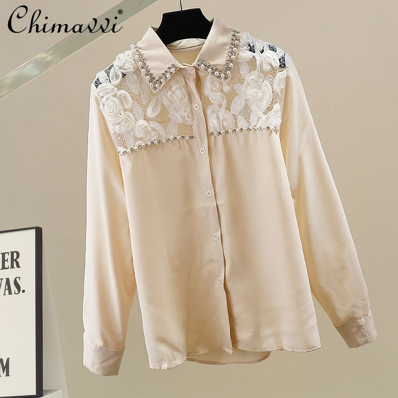 2025 Autumn Clothes New Korean Fashion Heavy Beaded Floral Patchwork Shirt Loose Elegant Long Sleeve Women's Blouse Tops