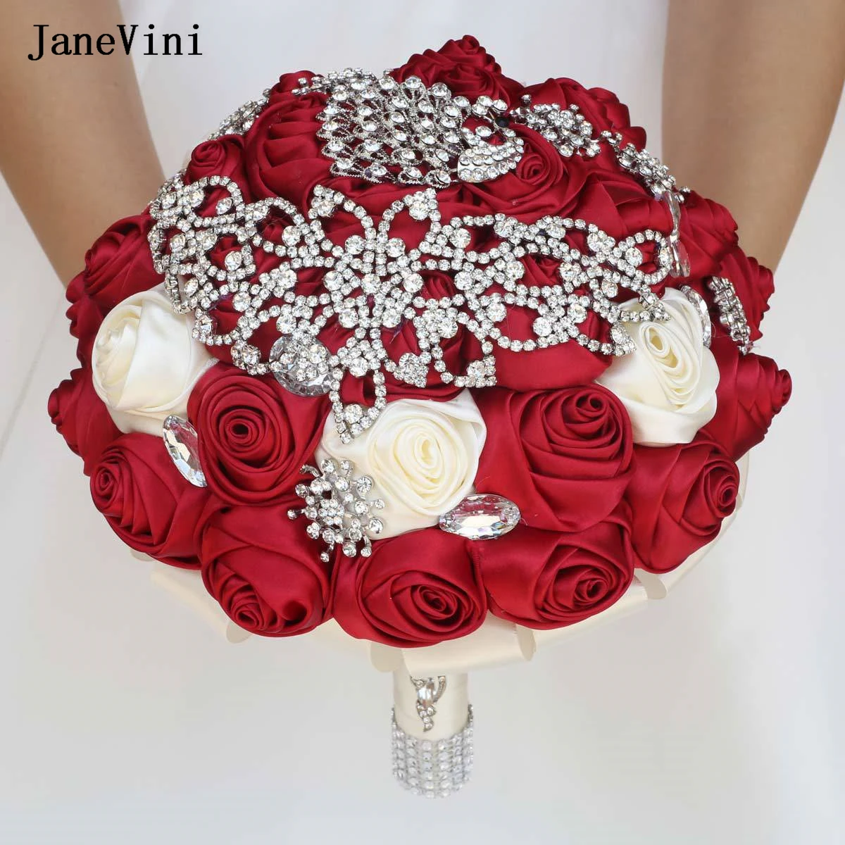 JaneVini New Customized Burgundy Ivory Luxury Wedding Bouquets for Bride Sparkly Rhinestones Ribbon Roses Bridal Bouquet Flower