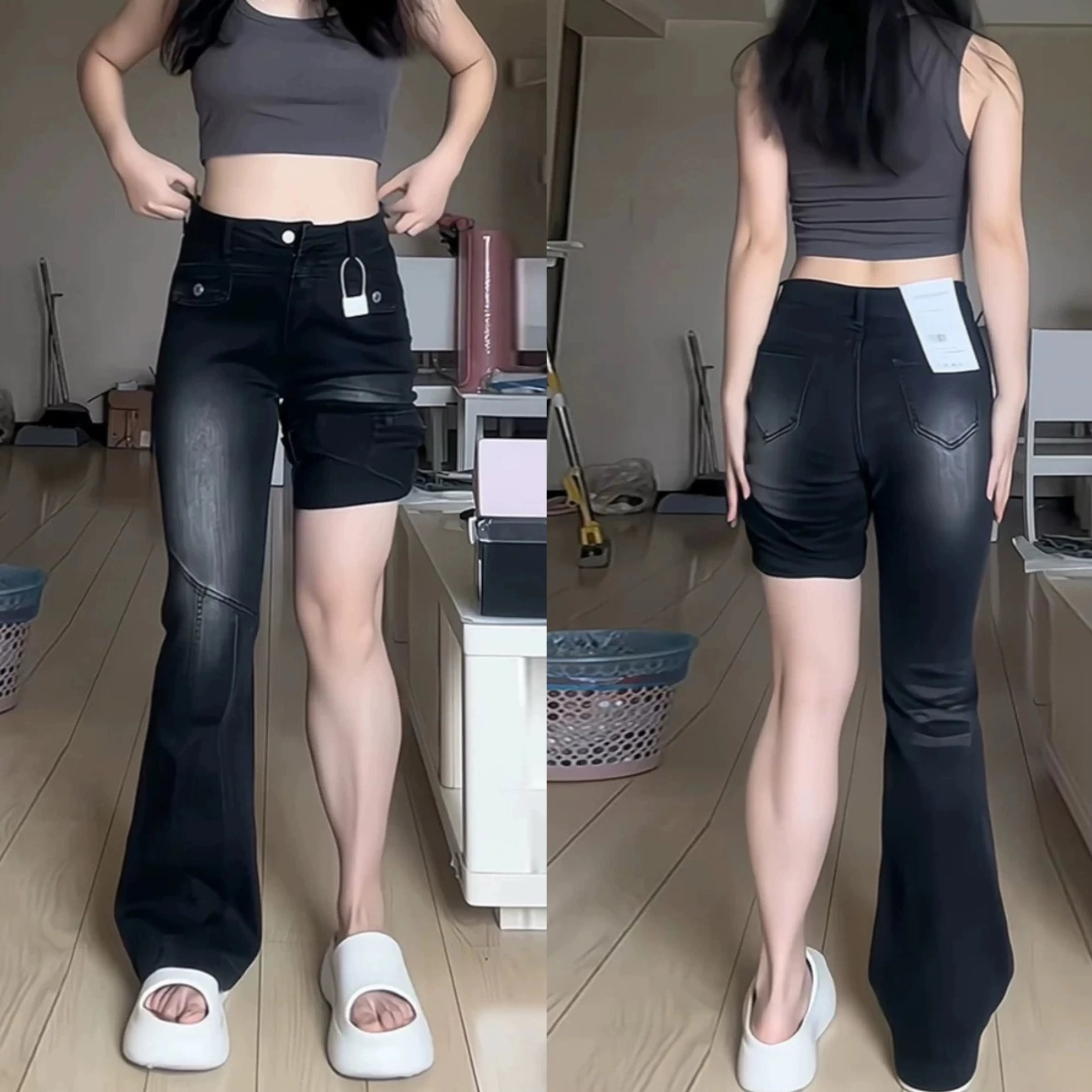 American Style High Waist Faded Light Blue Jeans Women's Micro Flared Jeans Spring Wear Soft Cotton Stretch Denim Jeans