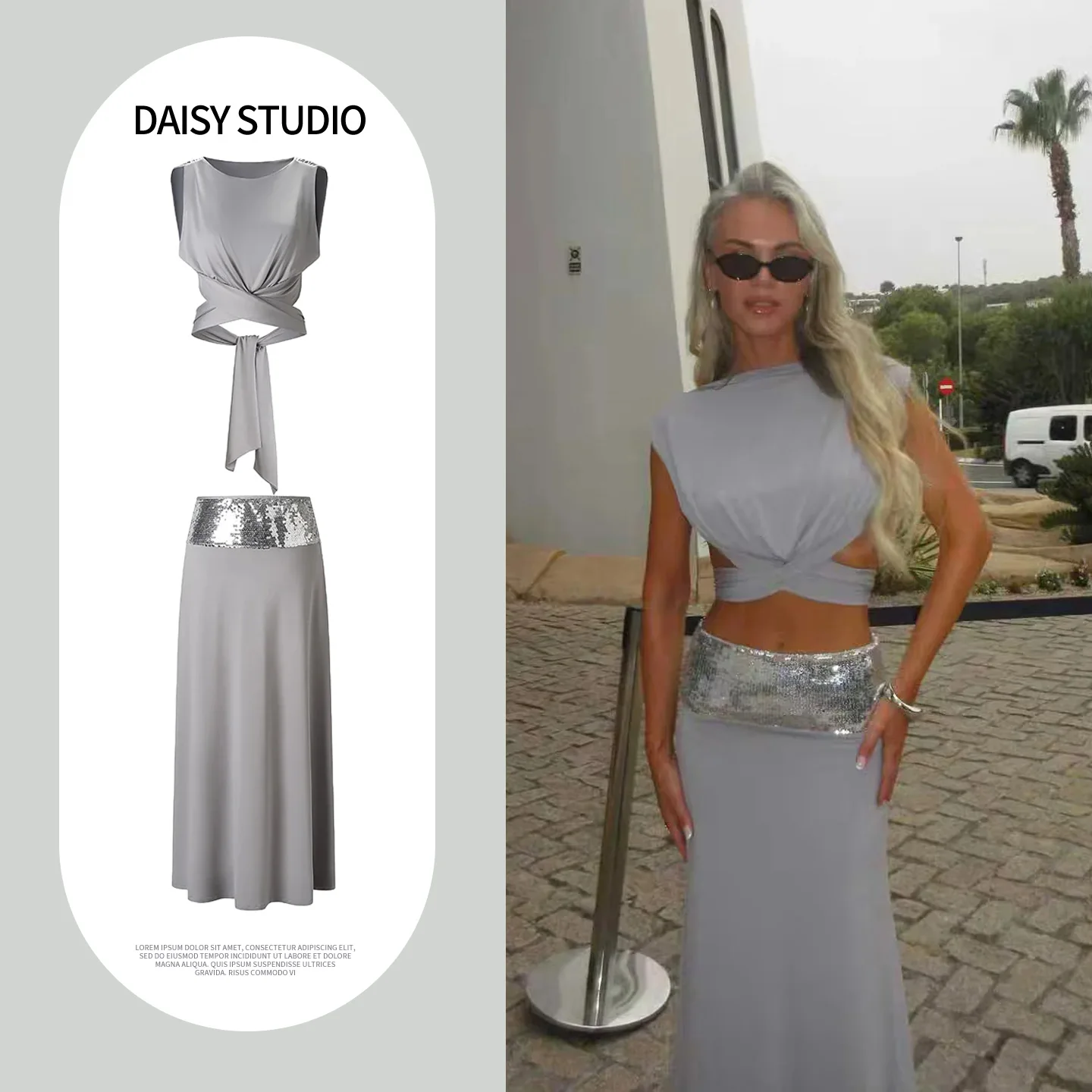 

Spring New Women's round Neck Sleeveless Backless Knot Design Sequin Splice Half-length Skirt Set Fashionable Dresses