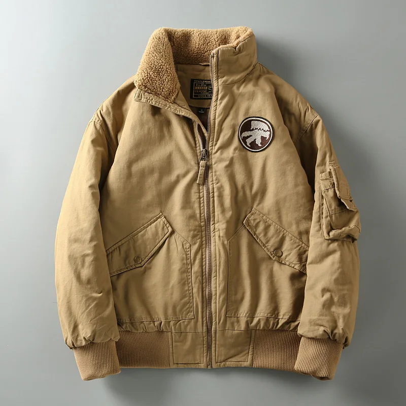

Зимняя утепленная мужская хлопковая куртка-пилот с воротником из овечьего меха, повседневная молодежная рабочая одежда, верхняя одежда, приталенный крой, на молнии
