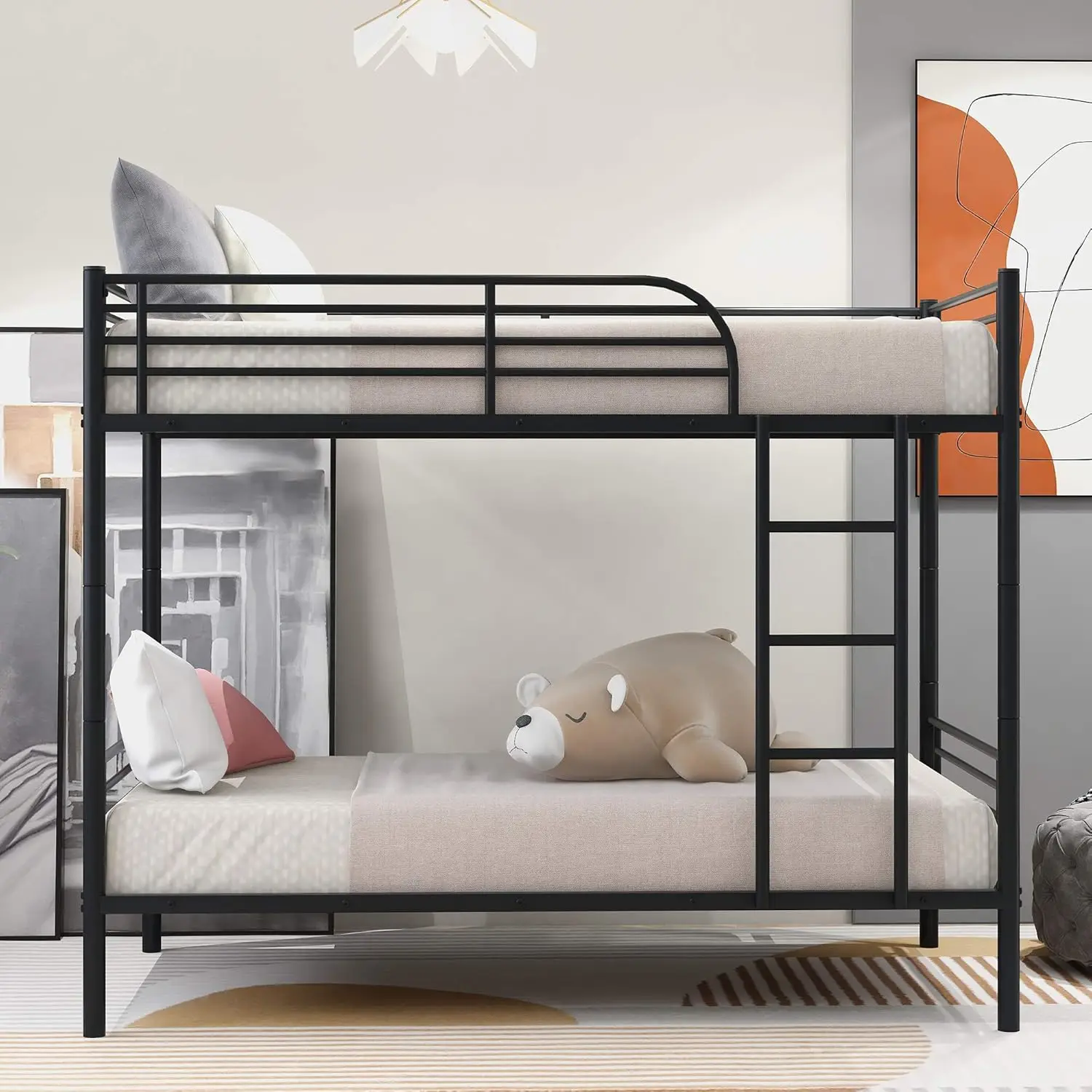 Steel Bunk Bed Twin Over Twin, Modern Metal Bed Frame 550 lb Heavy Duty with Stairs Side Guard Rails 10.8 inch Storage S