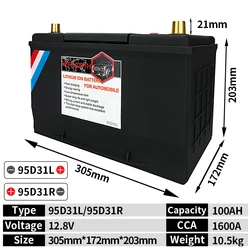95D31L/R Motor Car LiFePO4 Battery Pack, Jump Starter, 12V, 100AH, CCA1600A, BMS Voltage Protection for Cars, Starts ,Scooter