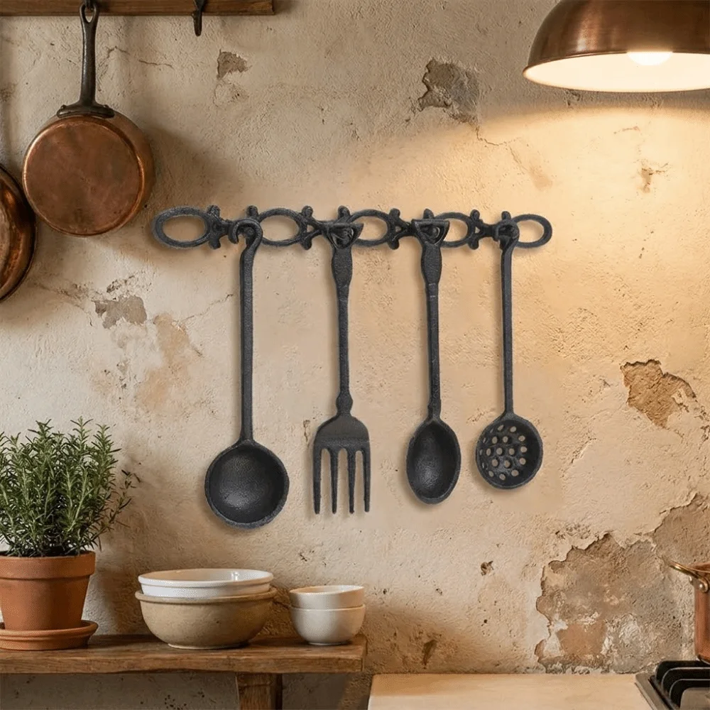 Vintage Iron Spoon Fork Wall Decor Rustic Style Artistic Design Utensil Wall Hanging Wall Hanging Cast Iron Kitchen Wall Art