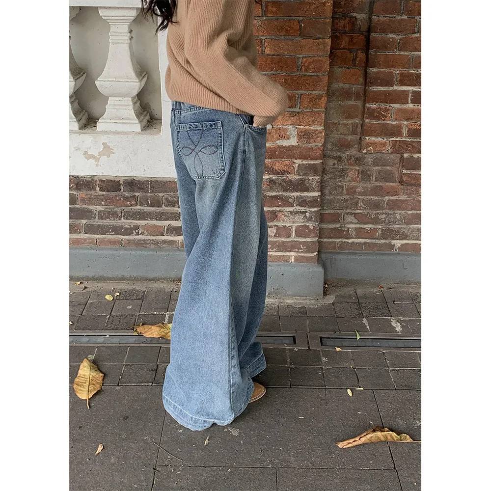 Denim Wide Leg Pants High Waist Loose Fit Women Vintage Jeans Pockets Distressed Trousers  Autumn Casual Floor Length Jean