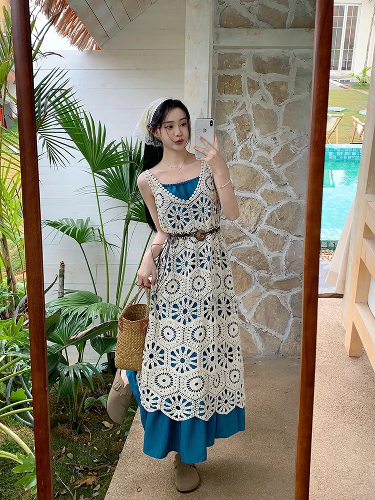 

Женский летний ажурный жилет n Vaion Sle, длинная юбка с перекрытием на бретельках, комплект из двух предметов, круглый Ne