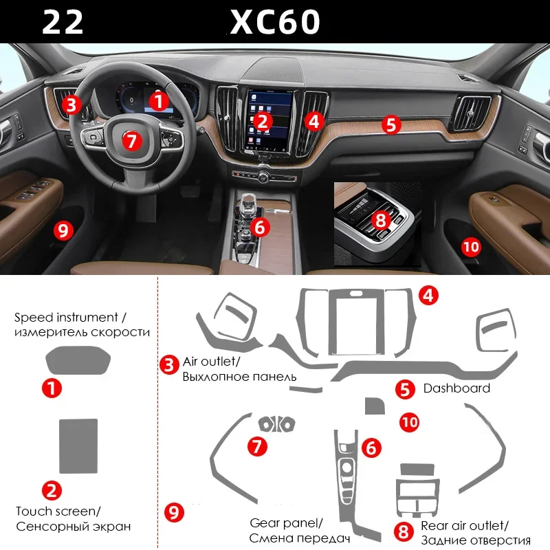 

TPU for Volvo XC60 Transparent Protective Film Car Interior Sticker Central Control Gear Door Air Dashboard Steering Wheel Panel