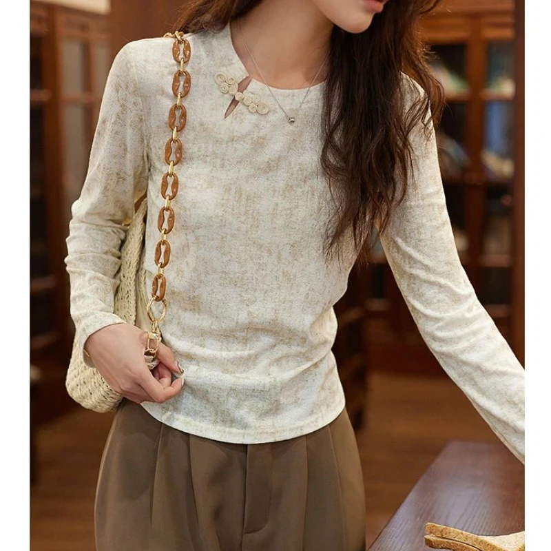 Women Chinese Style Frog Button Crew Neck Long Sleeve T Shirt Slim Curved Hem Casual Autumn Blouse