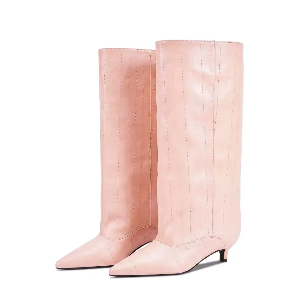 2026 High Quality Crocodile Patterned Knee High Boots with Pointed Stitching and 4Cm Heel Cover. Autumn Sexy Women's Daily Shoes