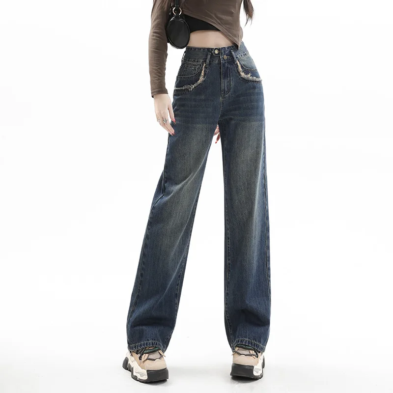 High Street Trend Personality Loose Wide Leg Jeans Women\'s Solid Pockets Button Zipper Tassel Spring High Waist Straight Pants