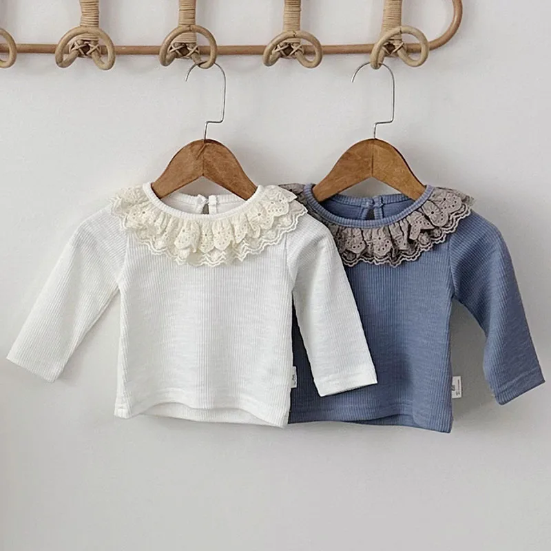 2025 New Spring Toddler Baby Girl T-shirt Long Sleeved Cotton Solid Color Lace Splicing Infant Baby Girls Pullover Tops