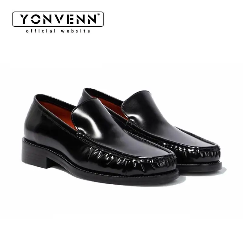 

2026 new handmade pleated design classic loafers for men simple and casual slip in dress leather shoes shiny finish