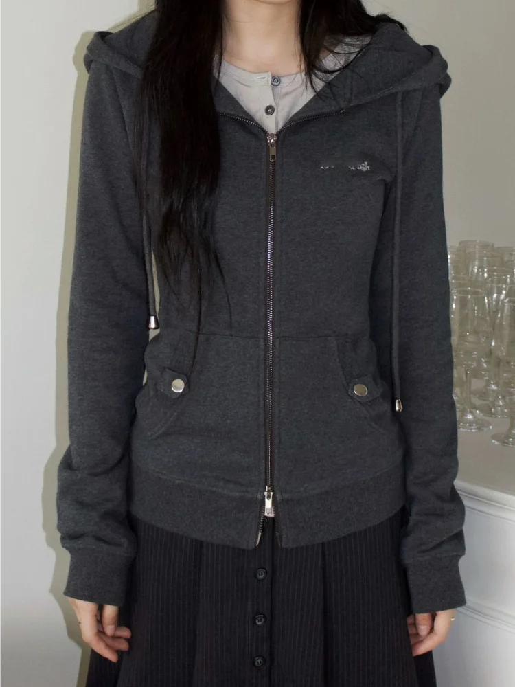 

Серая толстовка с длинными рукавами и буквенным принтом в стиле панк, женская осенняя облегающая толстовка на молнии с карманами, японский ретро Y2k, готические толстовки