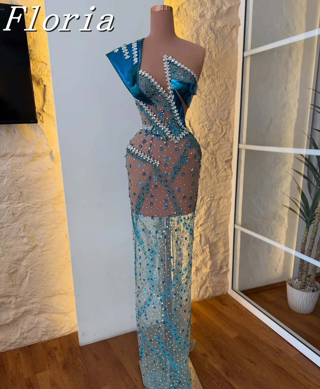 

Blue Sexy One Shoulder Sparkly Evening Dress New Bodycon Rhinestones Dresses Engagement Dresses For Women Custom Made