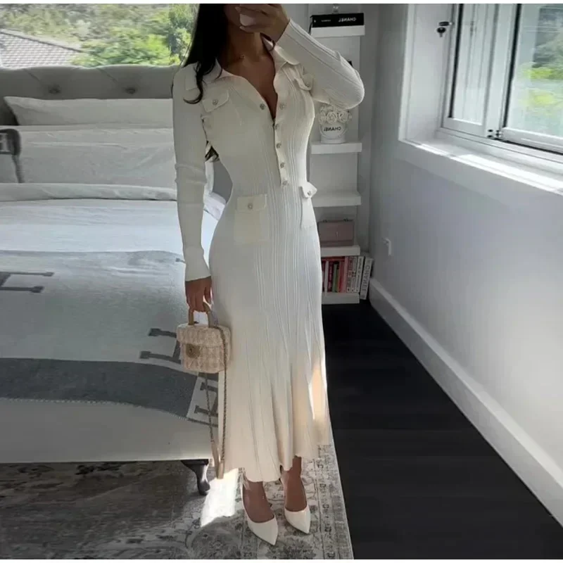 

Knitted Mermaid Dress Women Turn-down Collar Long Sleeve Female Maxi Long Dresses 2024 Autumn Winter Slim Hip Package Lady Robes