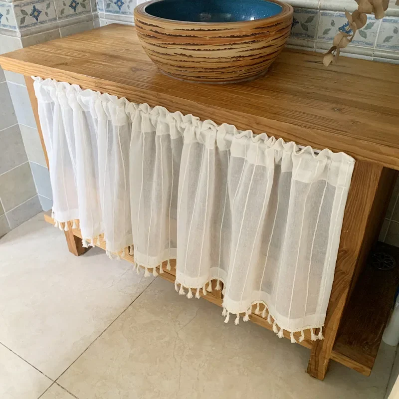 Boho Sheer Curtain Valance Striped Lace Short Curtain Drape with Tassels Rod Pocket Semi-Sheer Window Treatment for Cafe Kitchen