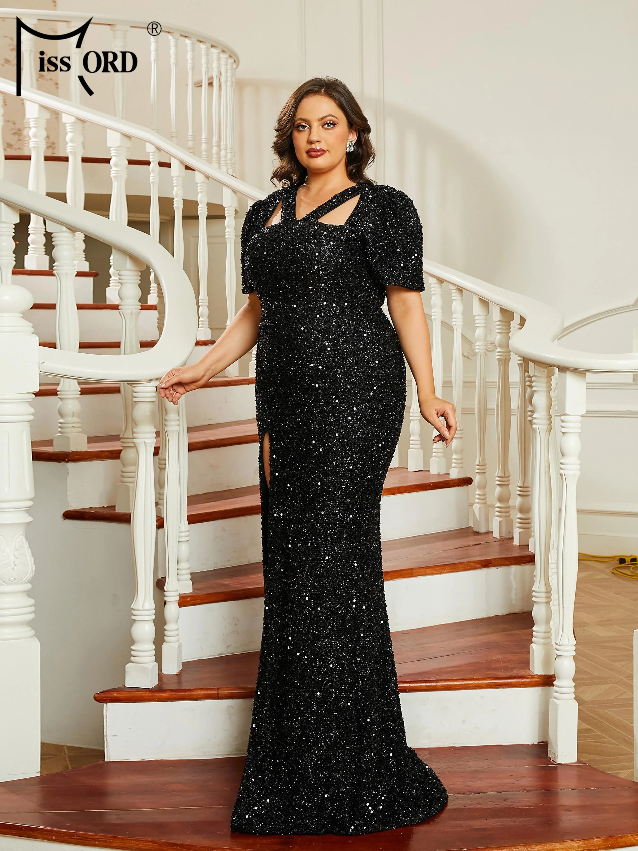 Missord New Plus Size Elegant Dresses For Women 2023 Short Sleeve Sequin Split Black Prom Party Evening Dress