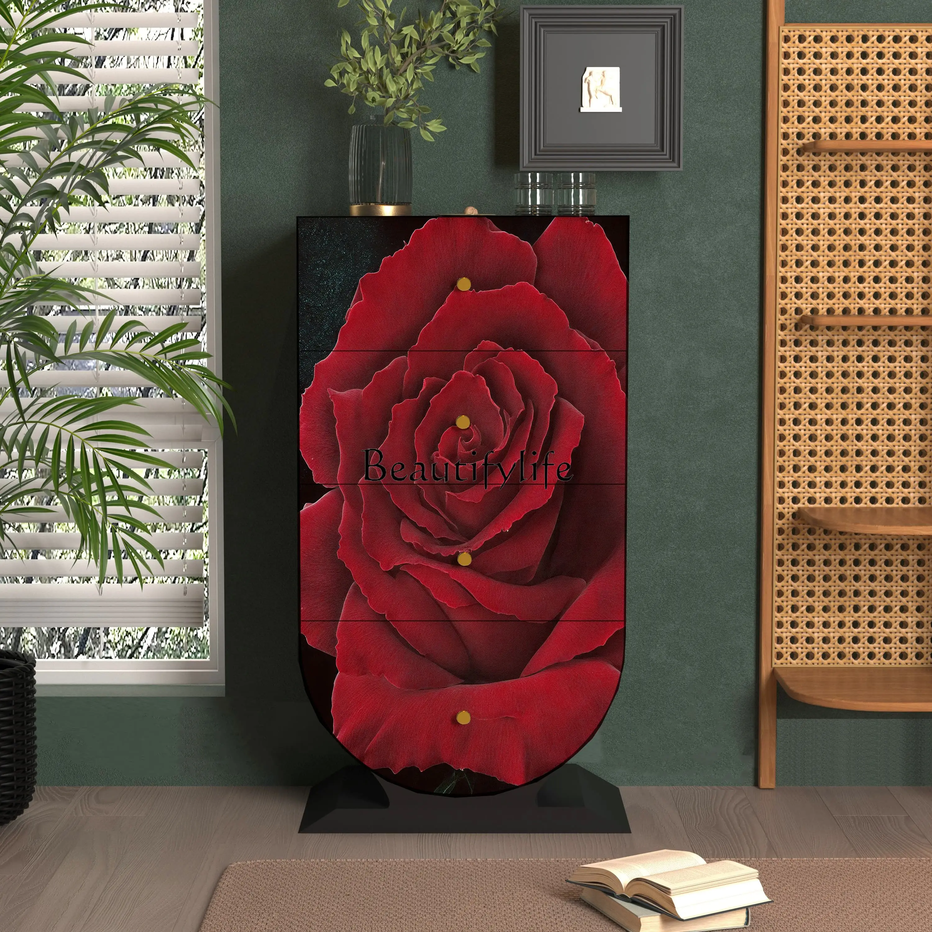 01Chinese-style pattern painted solid wood four-chest cabinet, living room, homestay wall storage cabinet