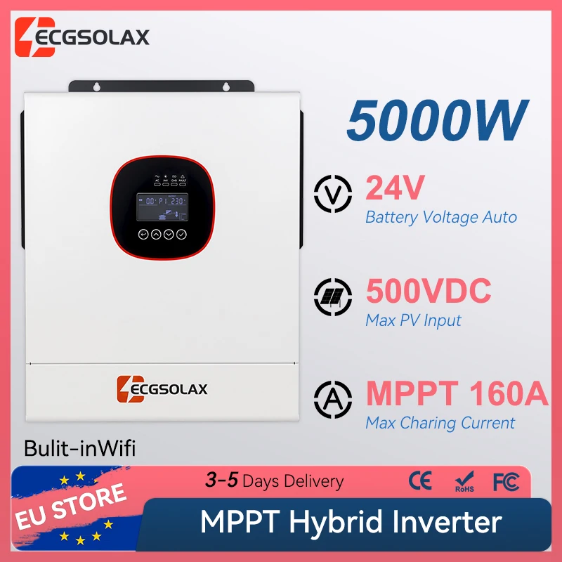 ECGSOLAX 5KW Solar Hybride Omvormer 24V 220Vac Met MPPT 160A Hybride Solar Omvormer Ingebouwde WIFI Off Grid Hybride Omvormer