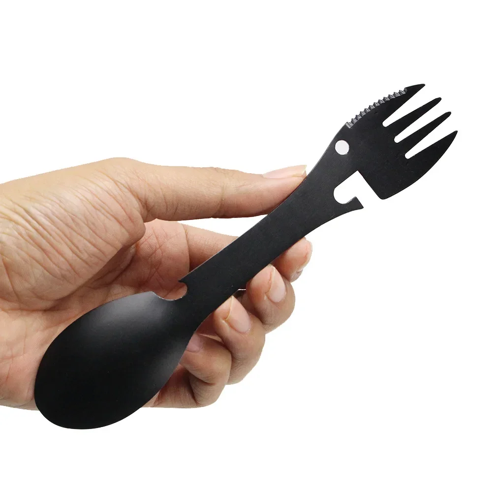 Conjunto de Utensílios para Camping em Aço Inoxidável, Equipamento de Sobrevivência ao Ar Livre 5 em 1, Talheres para Viagem e Caminhadas, Garfo, Colher, Abridor