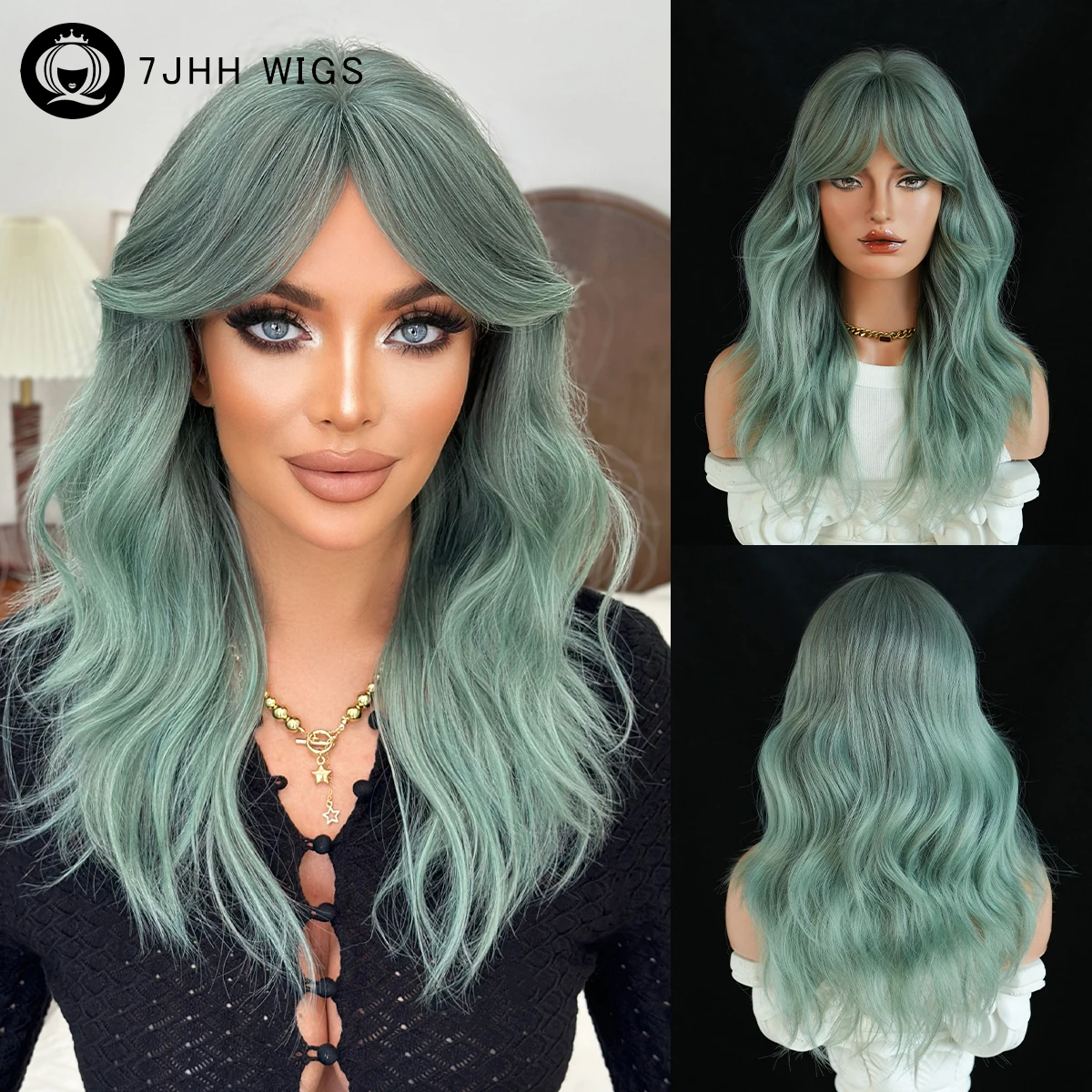 

Shoulder Length Water Wave Green Wig for Women Modest Fashion Synthetic Middle Part Wear and Go Ash Green Wig with Curtain Bangs