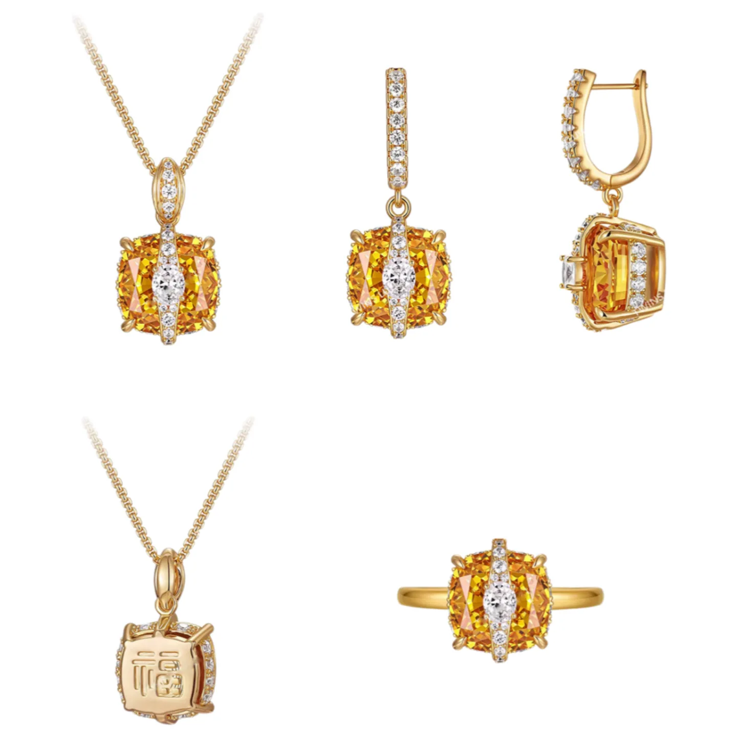 925 Sterling Silver Women s Set Featuring Gold Sugar Cube Pendant Rhubarb Rock Sugar Ring Colored Treasure Earrings And Necklace