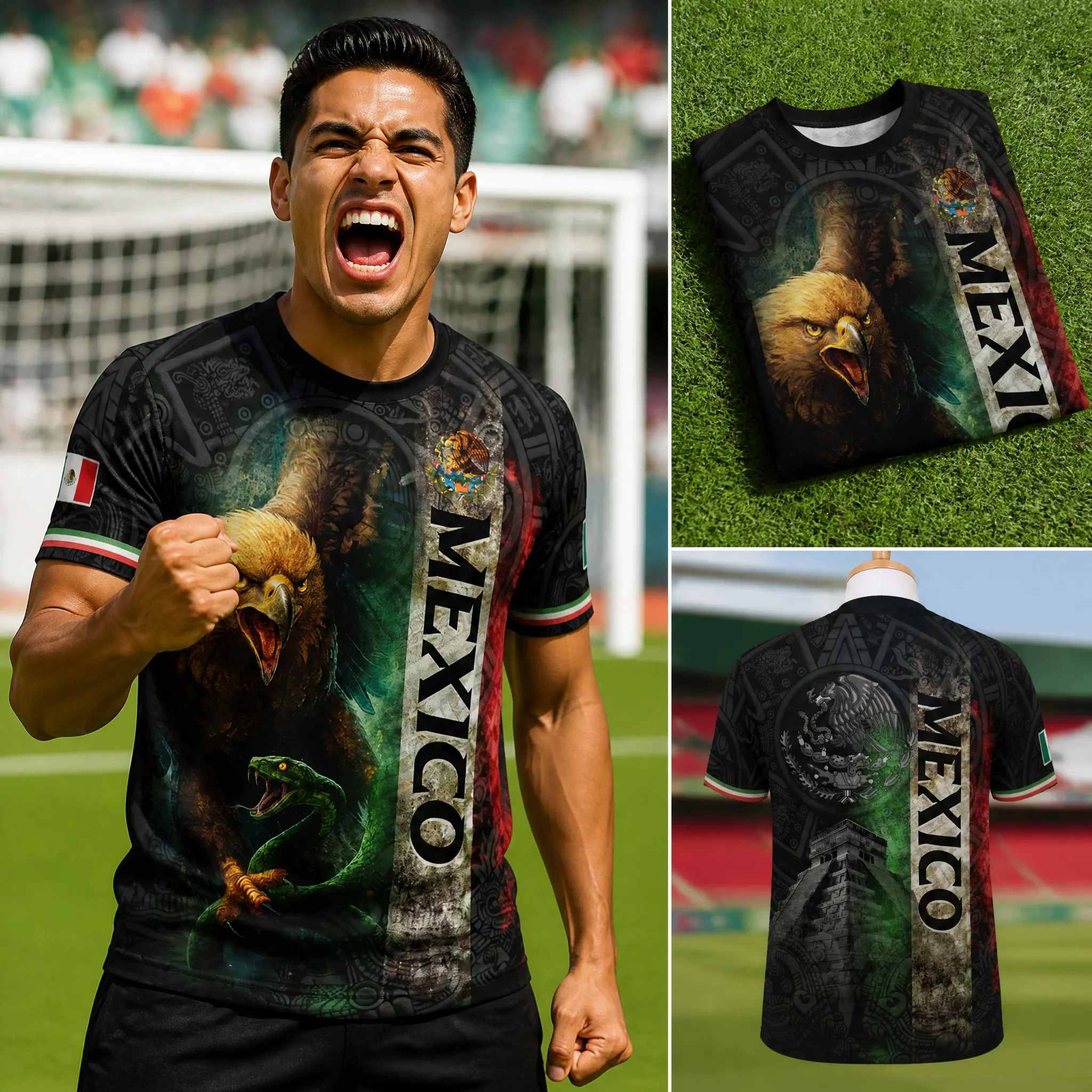Mens Round Neck T Shirt Mexico Eagle Snake Graphic Short Sleeve Casual Top with Dark Mayan Pattern and Stadium Fan Style for Men