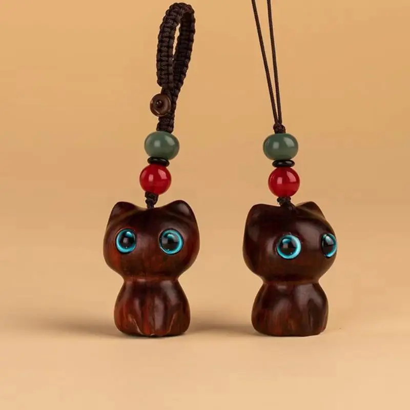 

Miniature Cute Sandalwood Wood Carved Cat Desktop Decoration, Small Crafts Cat Sculptures DIY Keychain Necklace Ornament Pendant