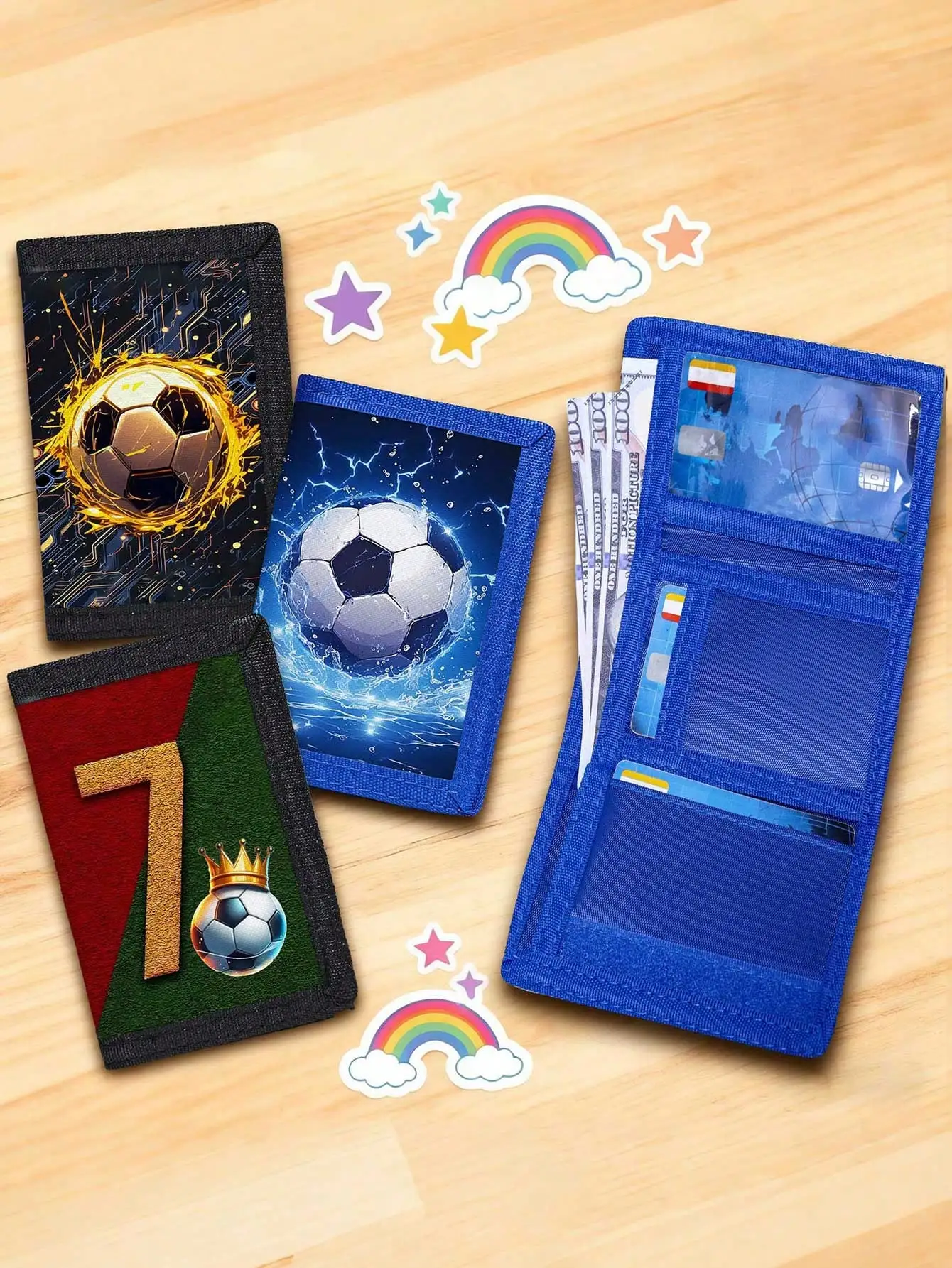 

Multifunctional Tri-Fold Wallet, Fabric Wallet, Can Hold Credit Cards, ID And Cash, Cute & Fashionable, With Coin Pouch And ID Window, Football Print, Suitable For Men, Girl And Kids
