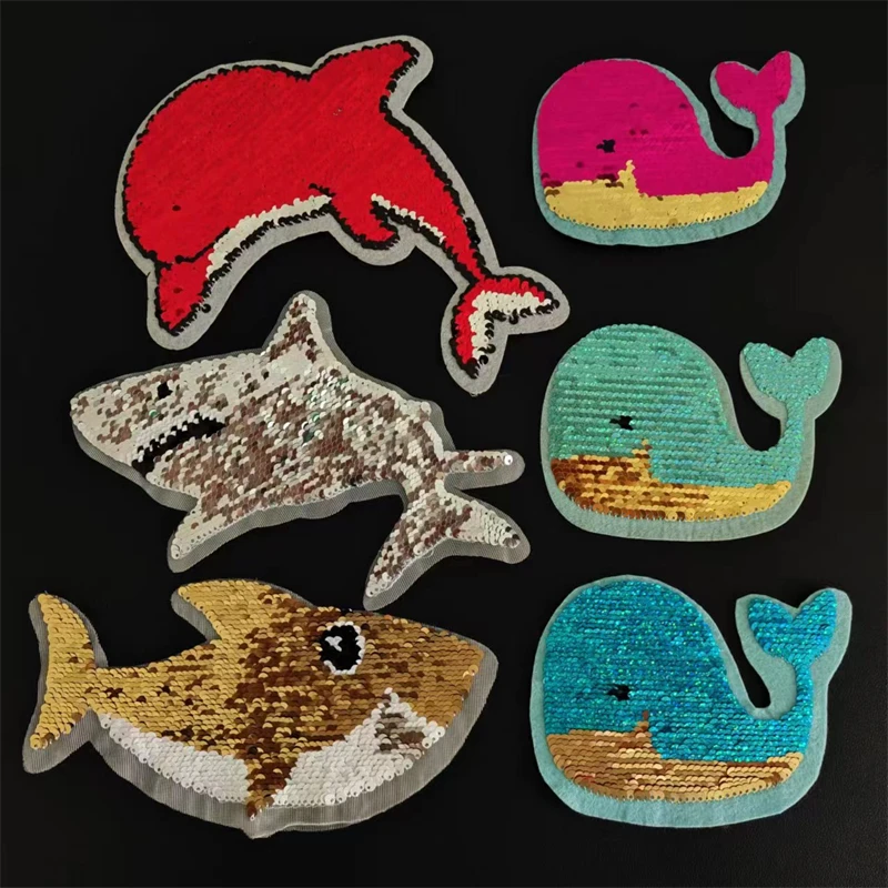 Reversible Sequin Shark Whale Dolphin Patch Embroidery Applique Double-Sided Two-Tone Design for DIY T-Shirts and Fabric