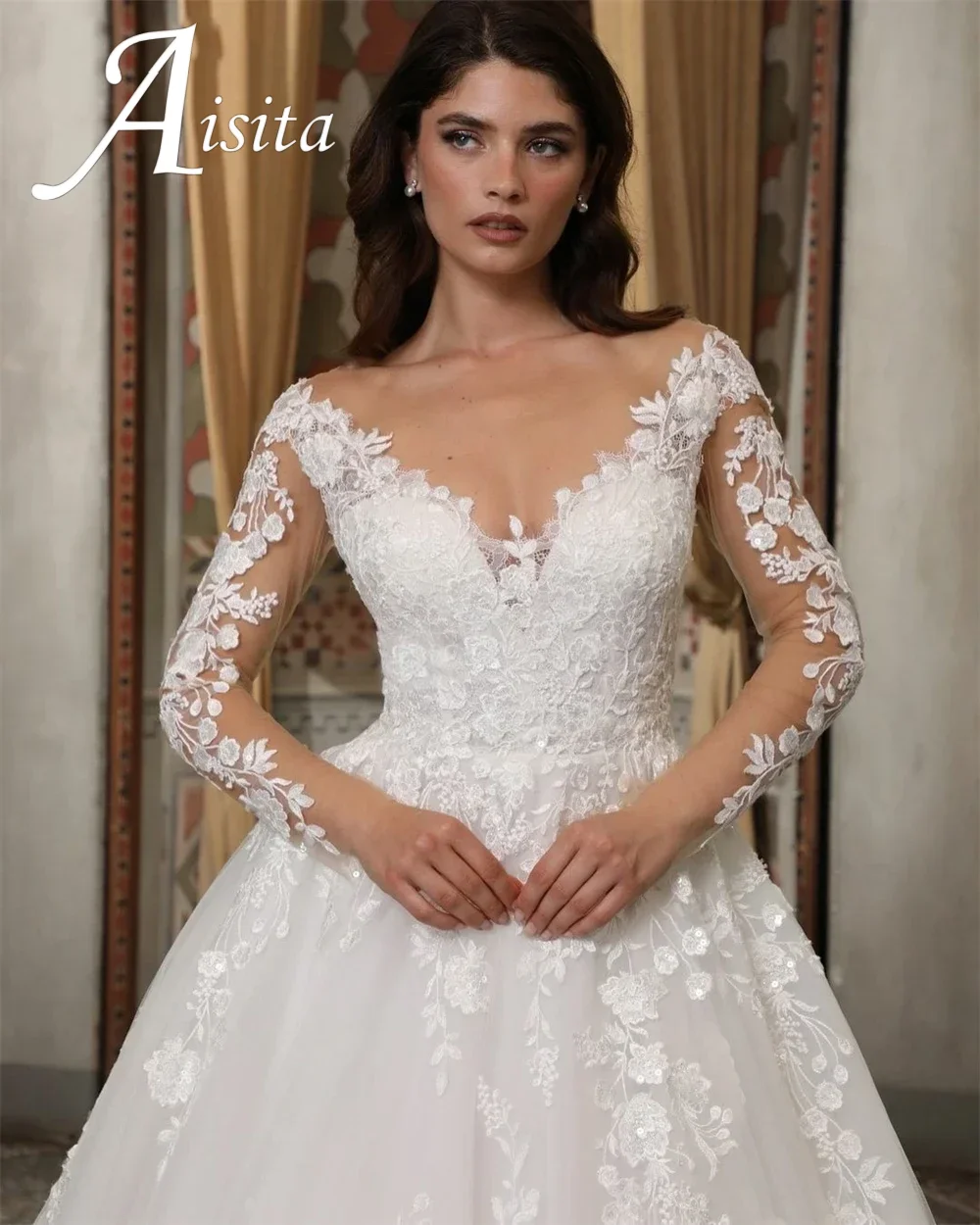 Prachtige V-hals Trouwjurken Lange Mouwen Baljurk Kant Applique Luxe Bruids Ruglooze A-lijn Vestido De Noiva Gewaad Mariee