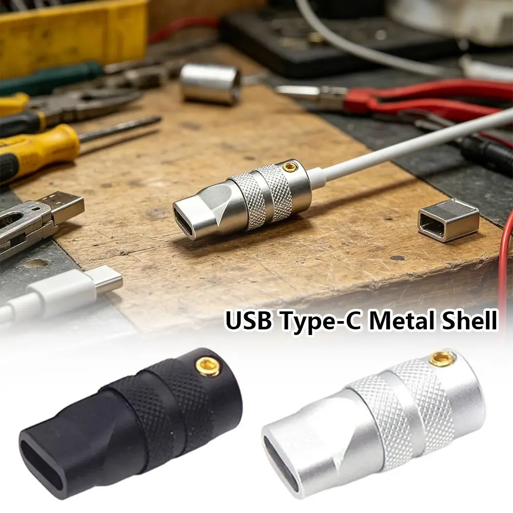 1Pcs 2x0.6cm USB Type-C Metal Shell Metal Material 6mm Threading Hole Data Cable Protective Housing Black White Color