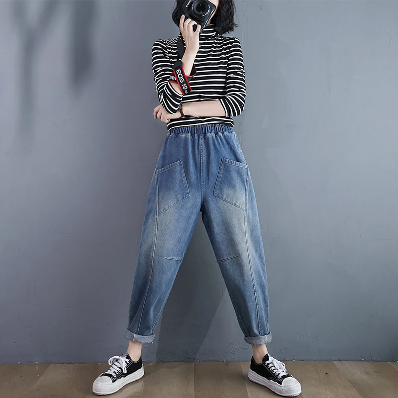 

plus Size Women's Casual Loose Long Jeans Elastic Waist Harlan Blue Jeans High Waist Long Pants Autumn Faion plus Size