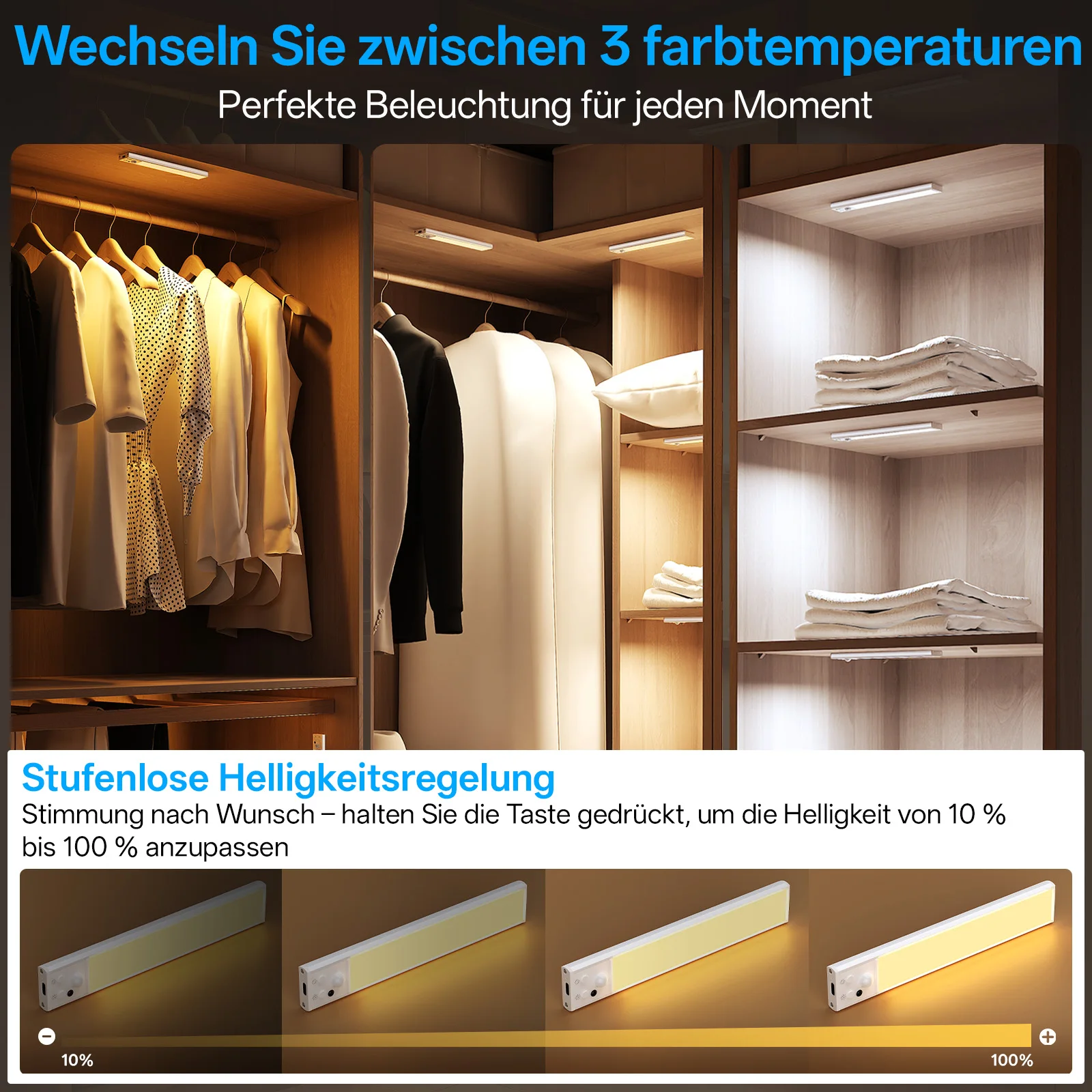 Bild 4: PZSUNLY Kabellose LED-Unterschrankleuchte, wiederaufladbare Typ-C-Bewegungssensor-Nachtlampe mit dimmbarer Funktion für Küche, Kleiderschrank, Nachttisch, Treppenhaus, Innenbeleuchtung, Geschenk
