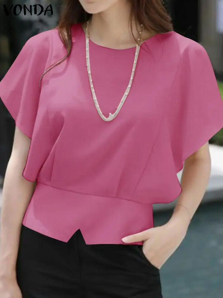 VONDA Women Elegant Solid Shirts Fashion Short Sleeve Tops 2024 Summer Blouse Sexy Square Collar Party Tunic Casual Blusas Baggy