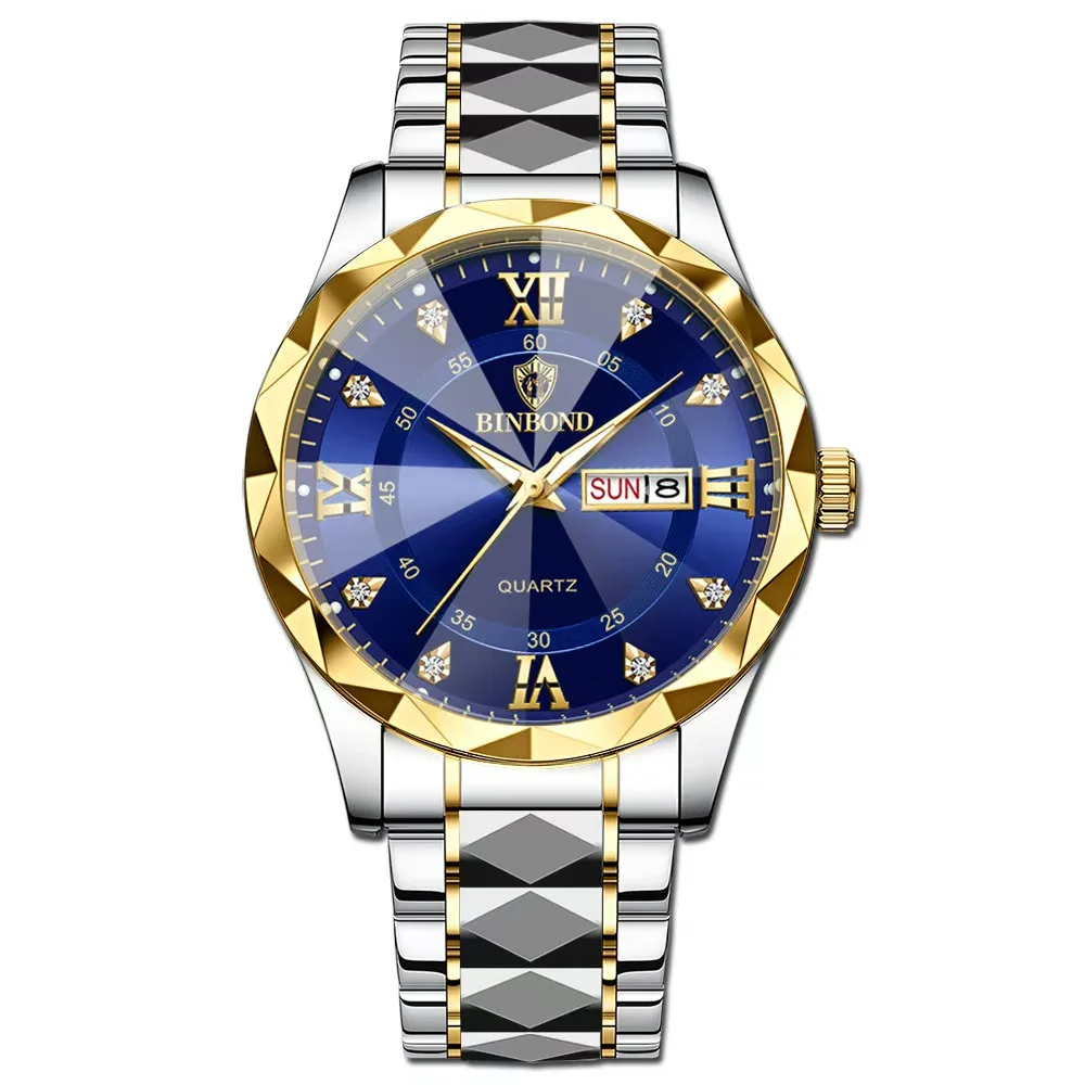 BINBOND 2521 New Luxury Fashion Men's Watch, Waterproof Glow-in-the-Dark Dual-Calendar Quartz Watch with Diamond-Cut Glass