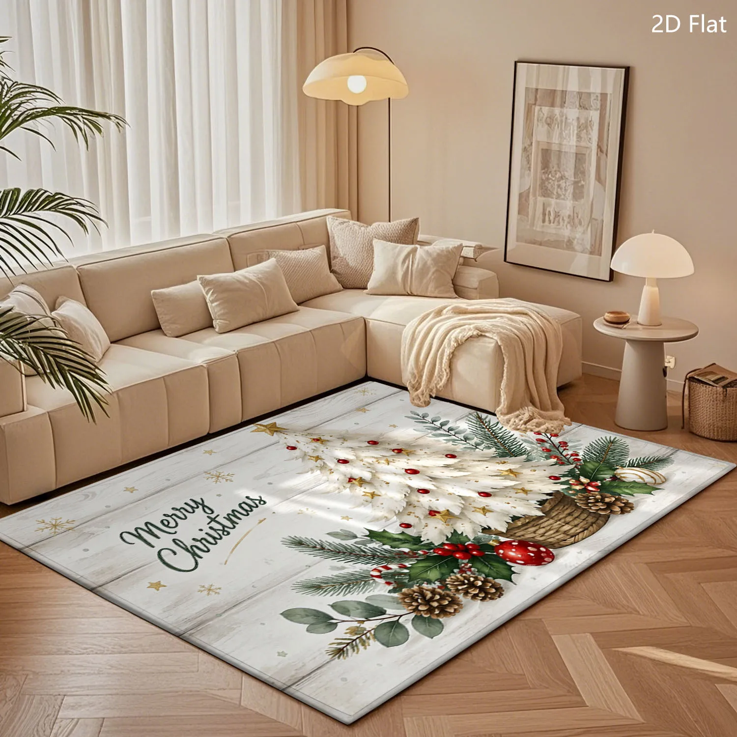 1pc 2D Flat Merry Christmas White X‑mas Tree Pine Cone Holly Printed Floor Mat, Decorative Rug for Living Room, Bedroom