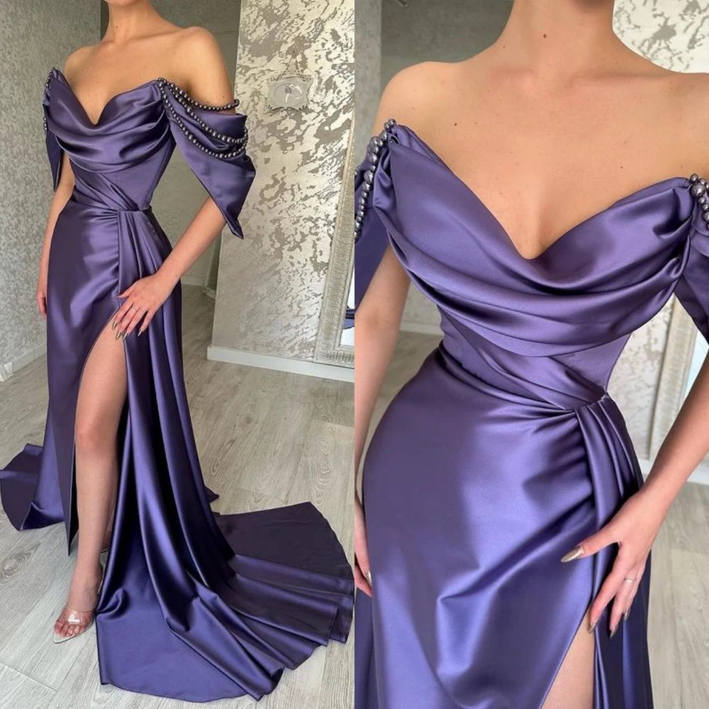 

Prom Dresses Simple Off-the-shoulder Sheath Evening Beading Satin Formal Occasion Gown vestidos para eventos especiales