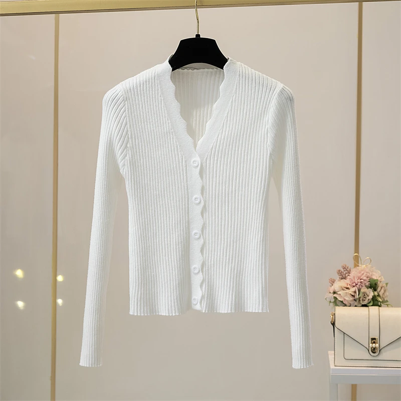 Wave scollo a v nero bianco rosa viola Cardigan donna primavera autunno stile coreano elegante donna sottile Slim aderente maglione lavorato a