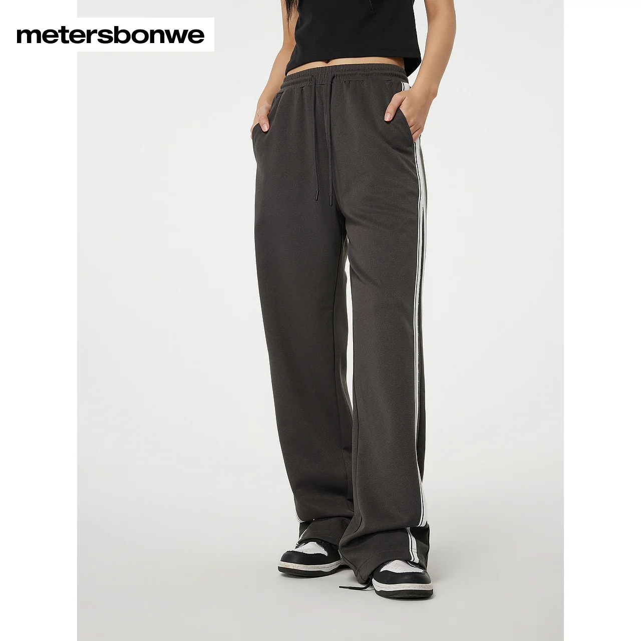 

Metersbonwe-Women's Loose Straight Split Leg Sweatpants Elastic Waist Side Color Clash Yarn-dyed Ribbon Trouser Sport Casual