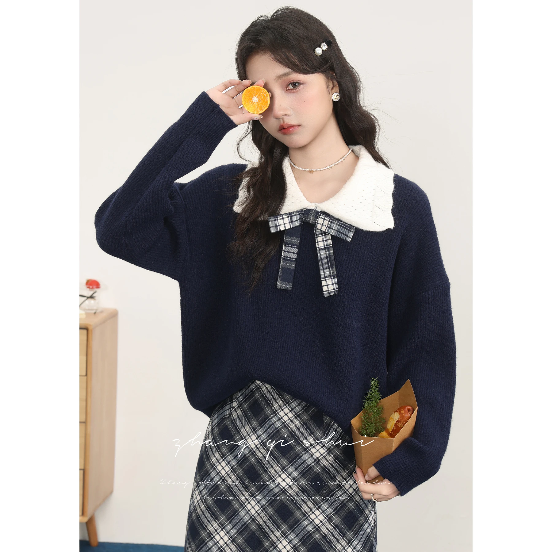 

Невозрастной вязаный свитер и клетчатая юбка для женщин, осенне-зимний комплект из двух предметов для колледжа, длинный свеч, повседневная одежда