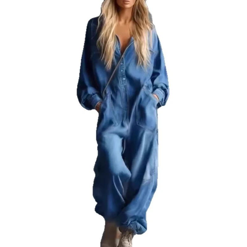 Jumpsuits Women One Piece Full Sleeve Hooded Long Pant Elastic Hem Denim Rompers Button Y2k Streetwear Jumpsuit Work Casual 2026 view 5