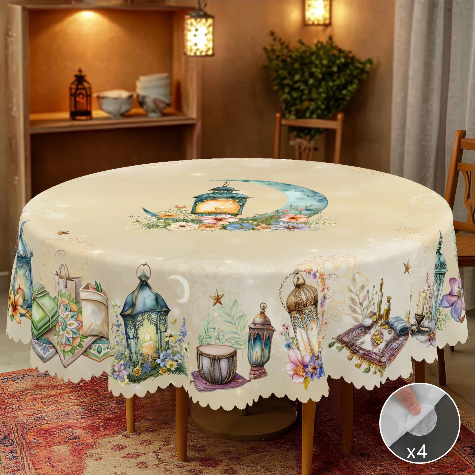 1 Piece of Muslim Ramadan Round Tablecloth, Available in Various Sizes, Exquisite Star and Moon Prints with Vintage Lanterns, Floral and Religious Elements, Round Decorative Tablecloth with Embossed Edges, Ramadan Home Dining Table Decoration, Suitable for Everyday Family Dining Rooms and Living Rooms, Creates a Ramadan Atmosphere, Festive Decoration