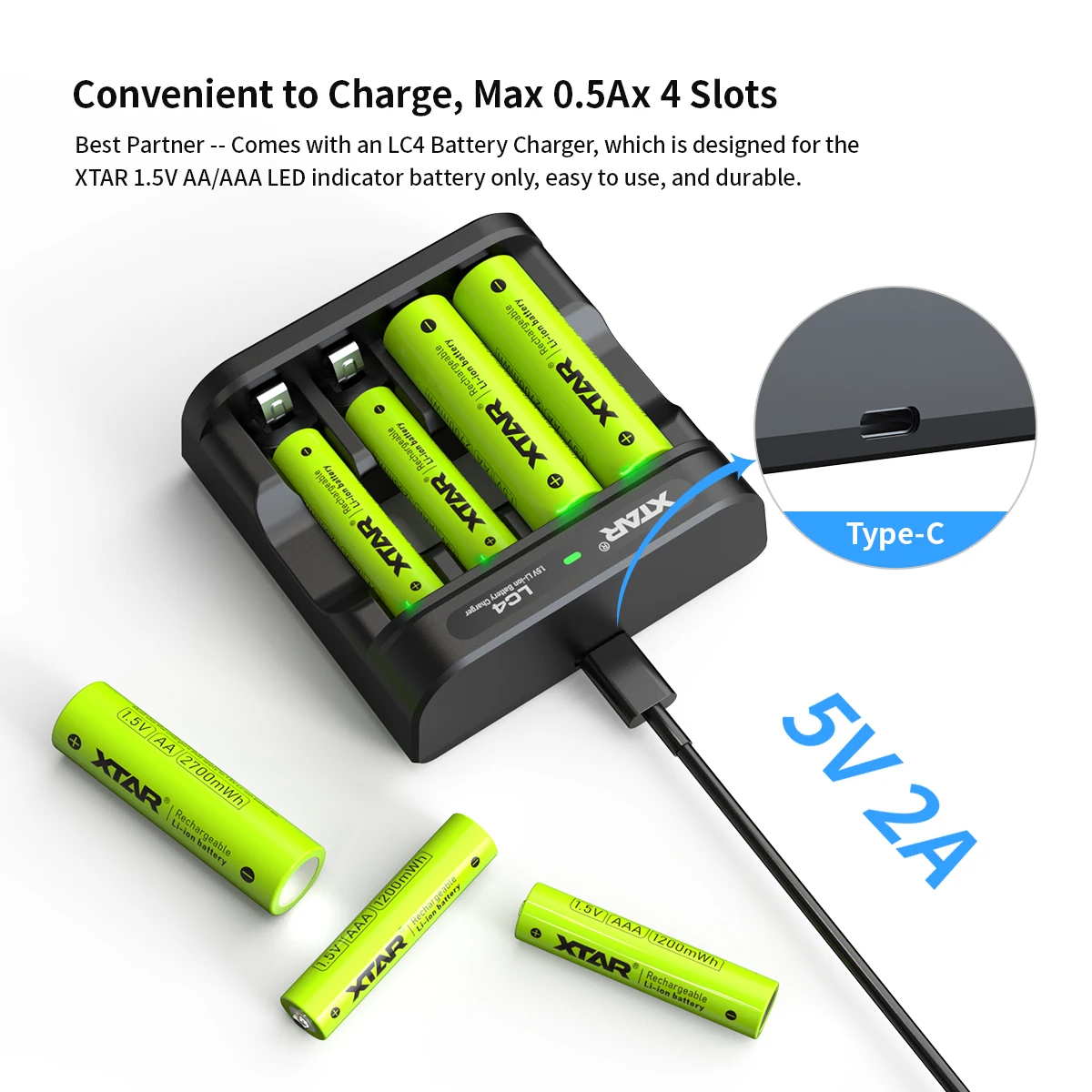 XTAR LC4 Charger Mix-charging AA&AAA Batteries USB-C Input With LED Indicator