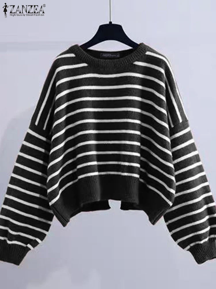 

ZANZEA Fashion Knit Tunic Autumn Drop Shoulder Sleeve Sweatshirts Women Loose Round Neck Pullover Korean Casual Stripes Blouse