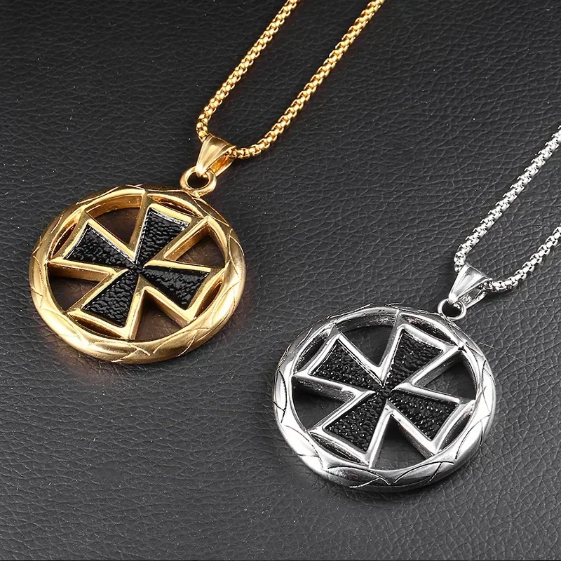 New Cross Knights Templar Necklace Round Pendant for Men Boy German Stainless Steel Military Necklaces Male Jewelry